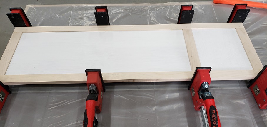 Clamping shaker style panles made from MDF and maple with Bessey Revo parallel clamps