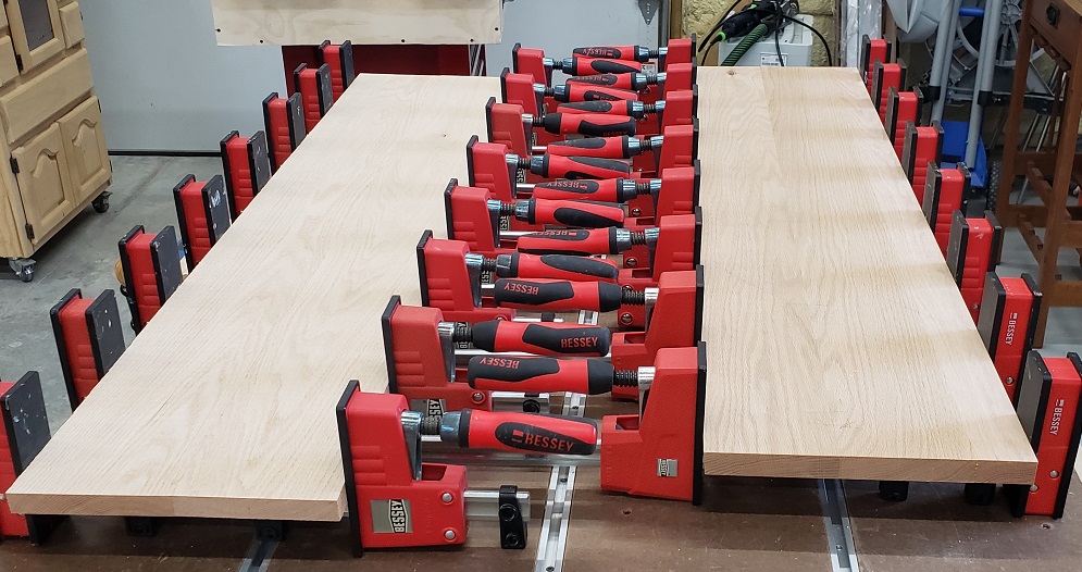 Oak panel glue up with Bessey Revo parallel clamps