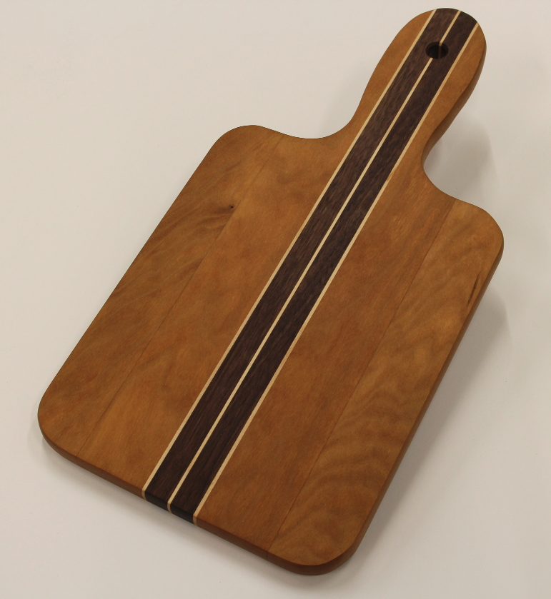 Cherry walnut and maple striped charcuterie board with handle
