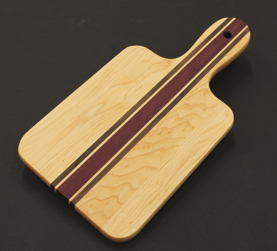 Maple purpleheart and walnut striped charcuterie board with handle