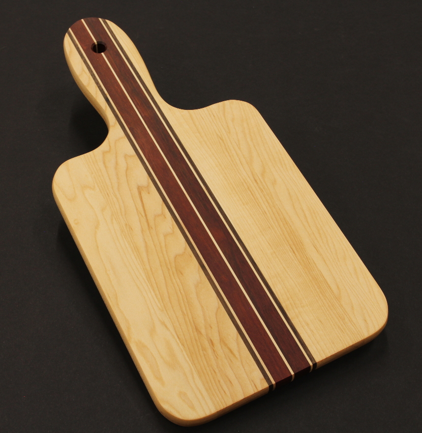 Maple satine and walnut striped charcuterie board with handle