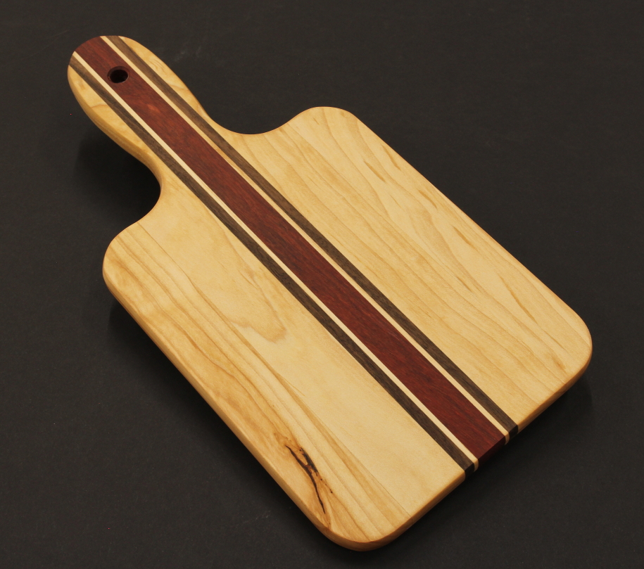 Maple satine and walnut striped charcuterie board with handle