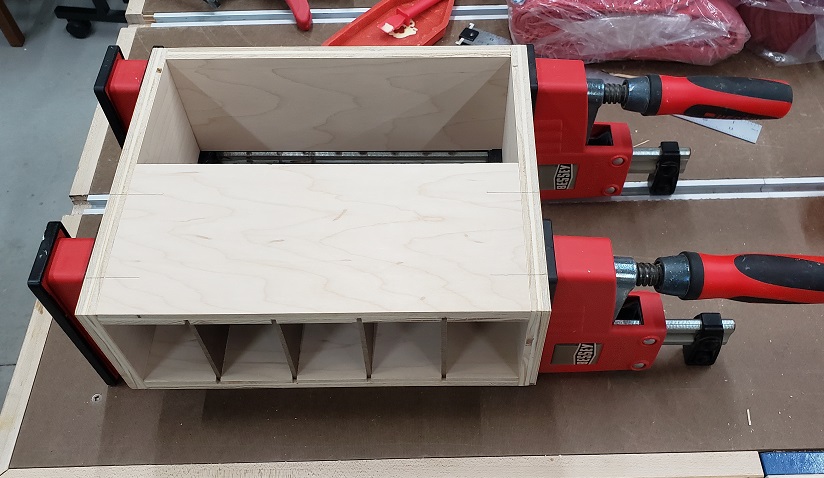 Bessey Revo clamps clamping together small plywood storage box