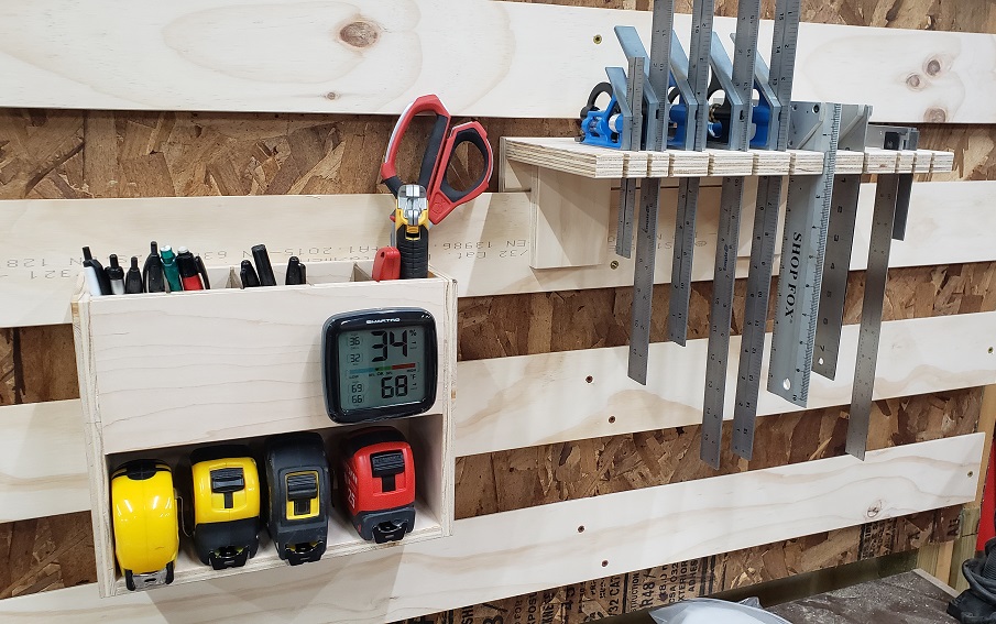 French cleat wall modules for storing pencils, tape measures, rulers, and combination squares