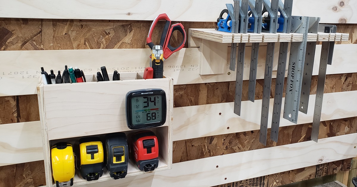 French cleat wall modules for storing pencils, tape measures, rulers, and combination squares