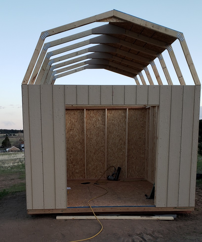 Rafters installed on shed kit walls