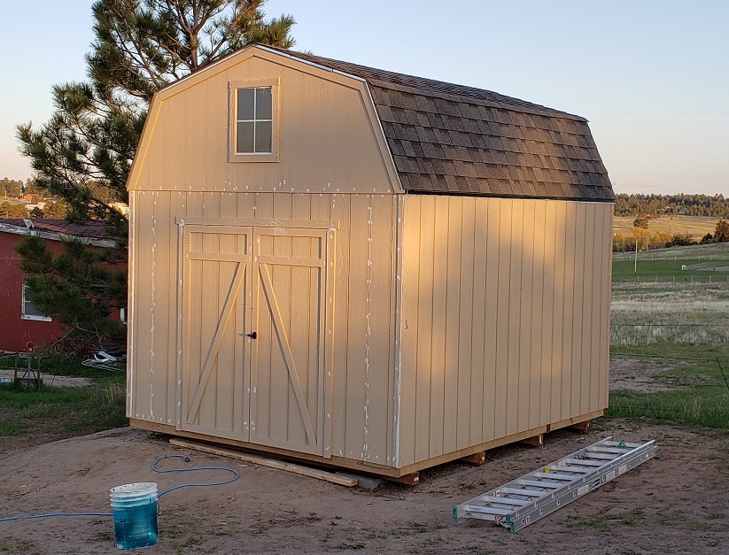 Unpainted gambrel style shed with roof installed