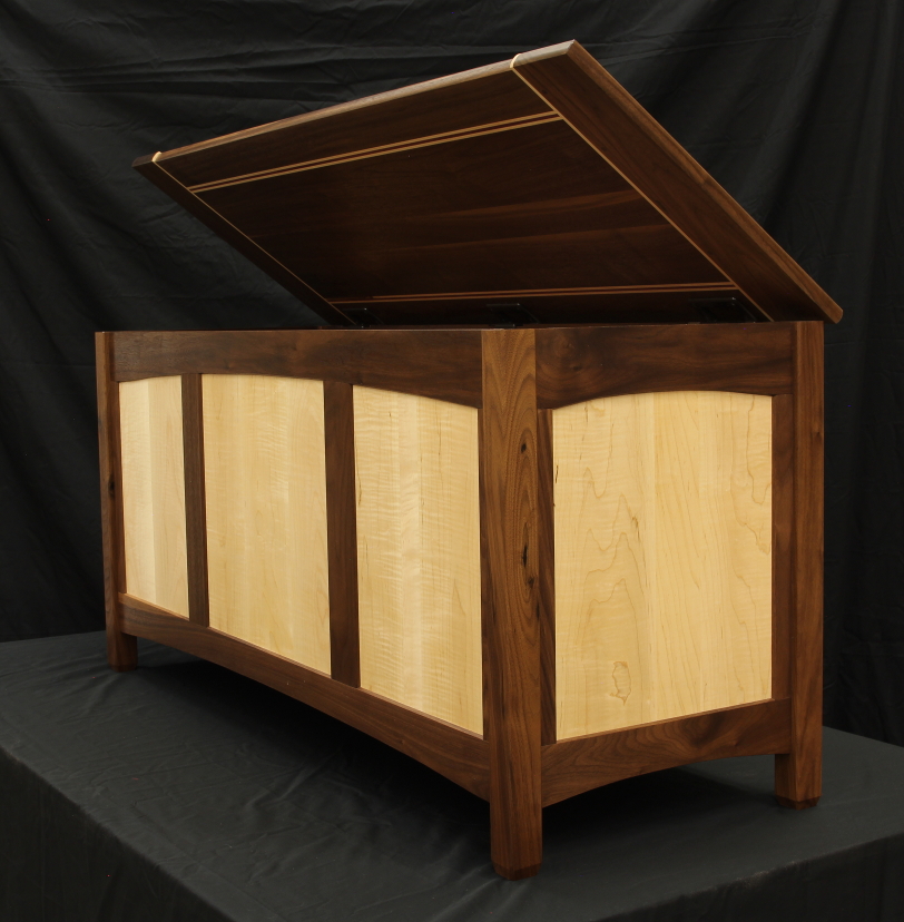 Shaker style walnut and curly maple hope chest lid open front corner