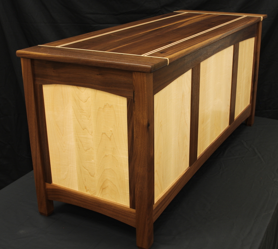 Shaker style walnut and curly maple hope chest lid closed front corner