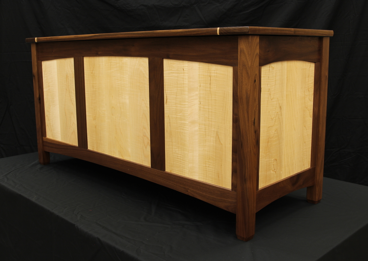 Shaker style walnut and curly maple hope chest lid closed front corner