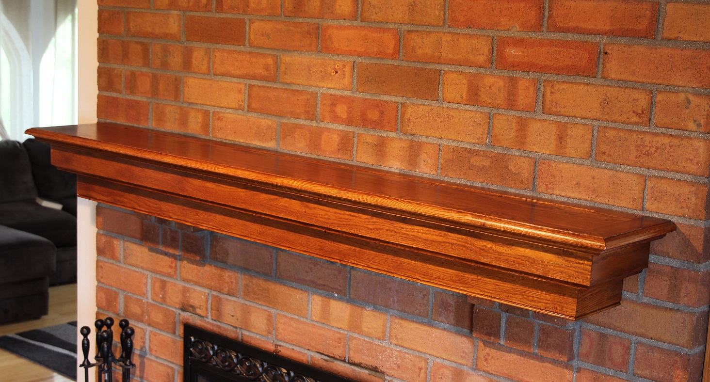 Oak fireplace mantel on brick corbels upper side view plate groove