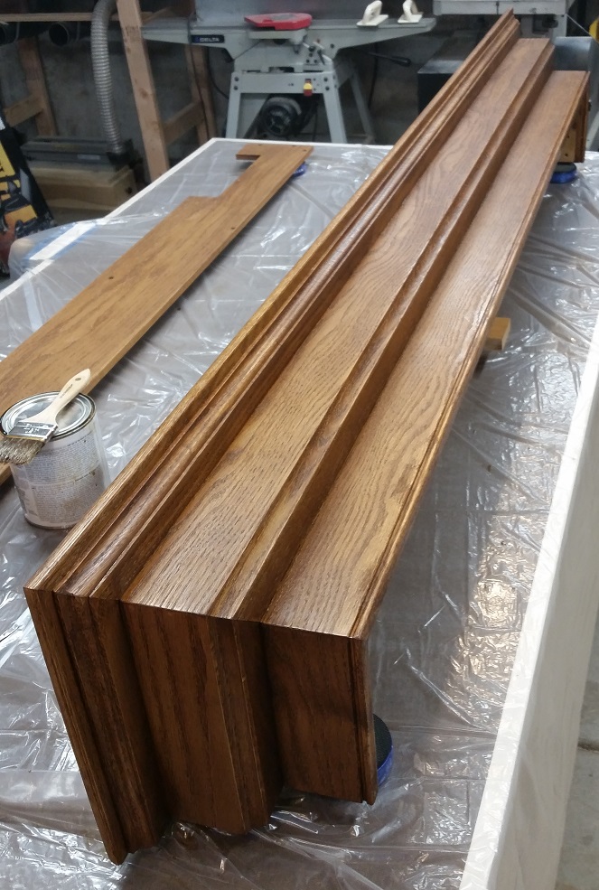 Oak fireplace mantel stain application