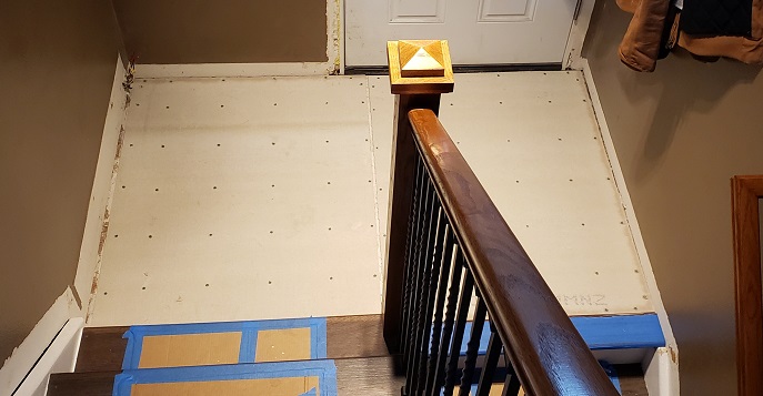 Installed hardie backer on stairwell landing