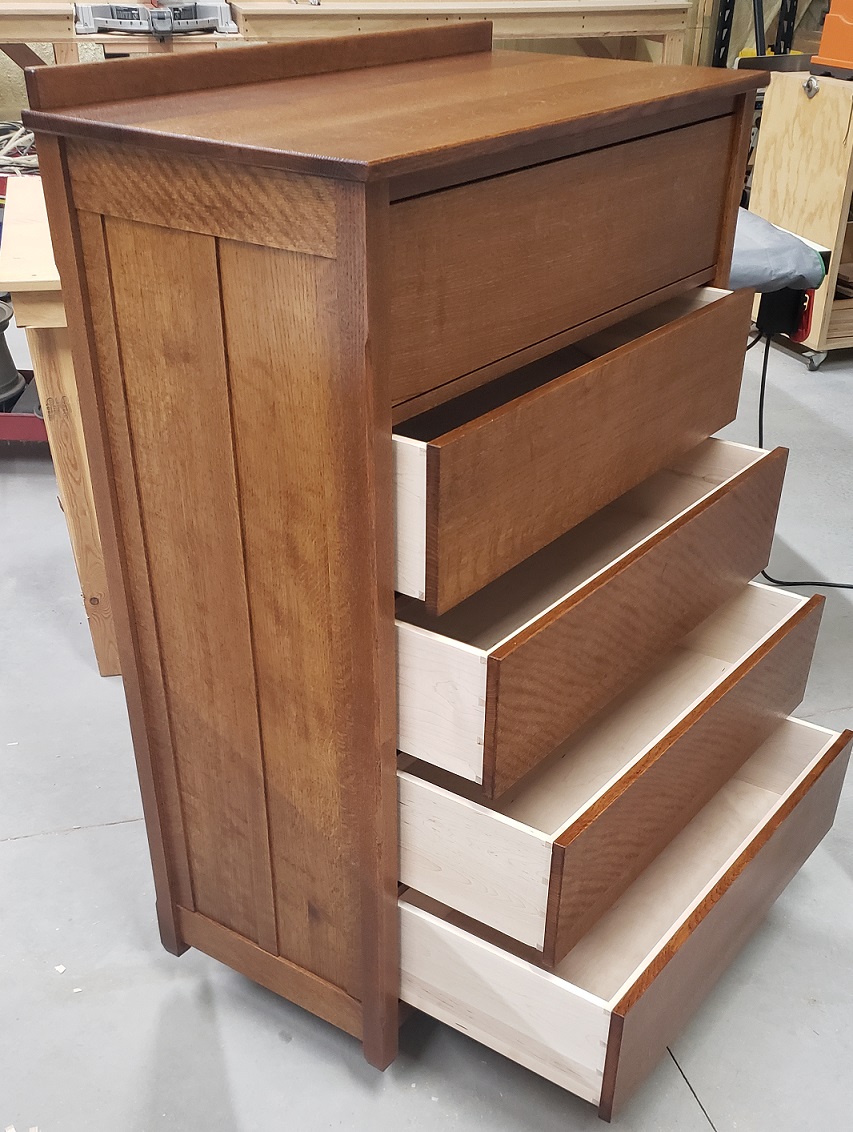 Five drawer mission style dresser of quartersawn red oak and maple drawer boxes