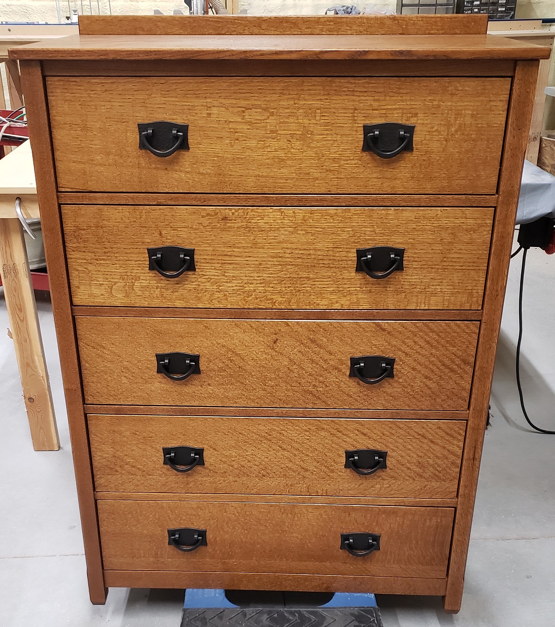 Five drawer mission style quartersawn oak dresser with black pulls