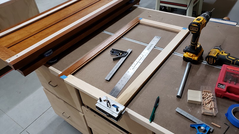 Maple and oak drawer support frame on workbench