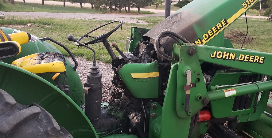 John Deere 5105 tractor damaged by fire