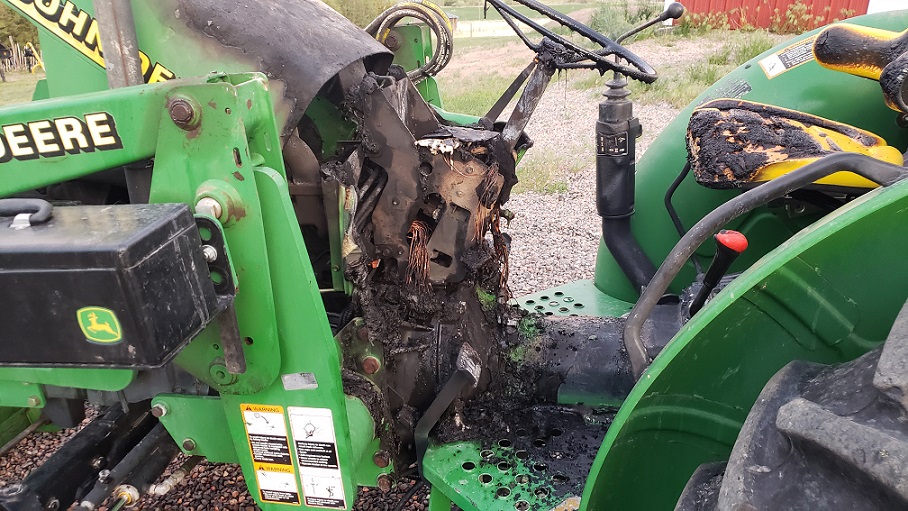 John Deere 5105 tractor damaged by fire